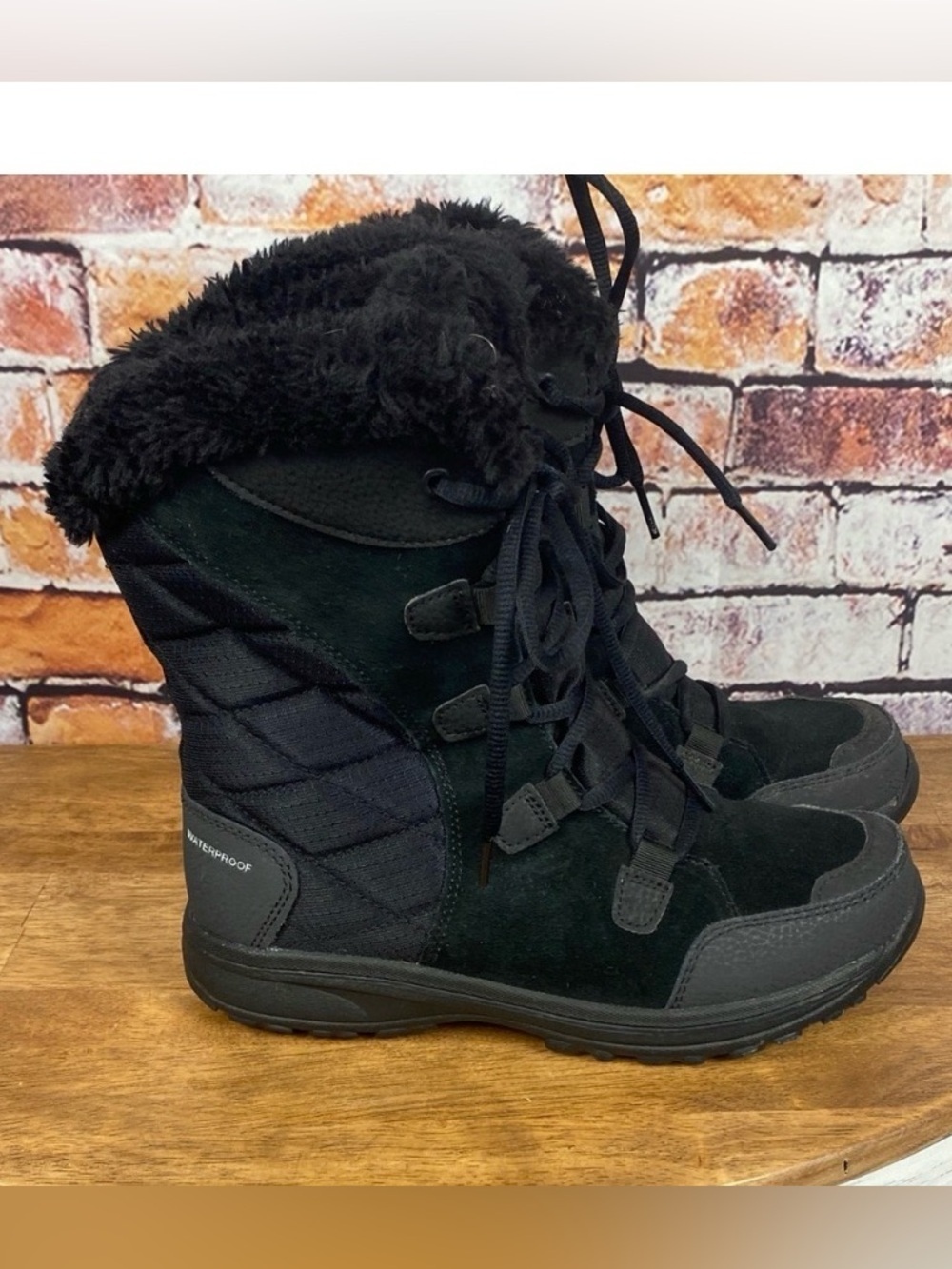 Columbia Weatherproof Black Fur-Lined Lace Up Slip On Winter Boots Sz 7 - Picture 3 of 13